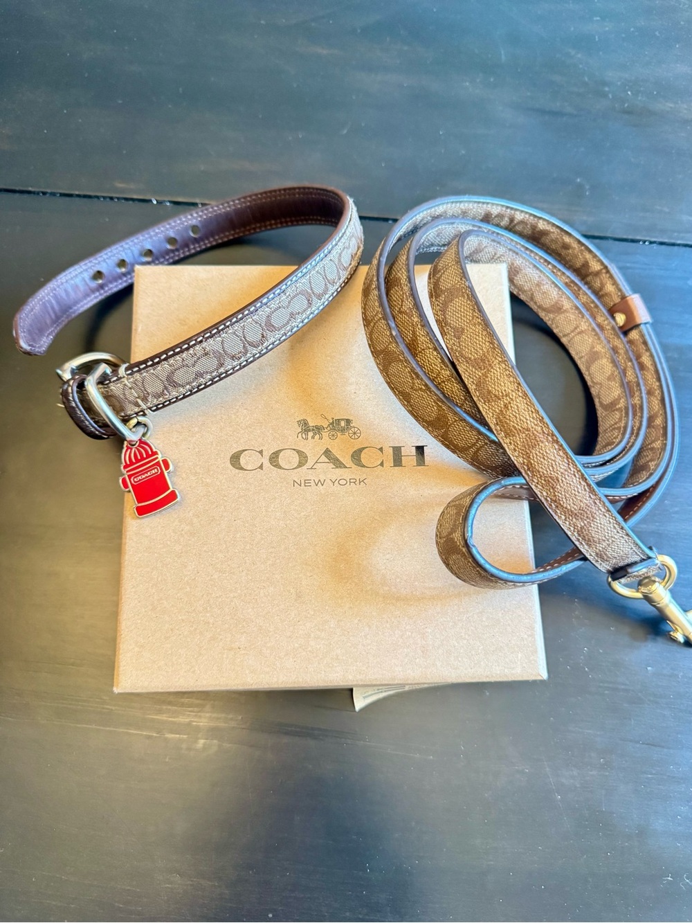 COACH Signature Canvas Dog Collar & Leash Coordinating Set Small Brown Saddle